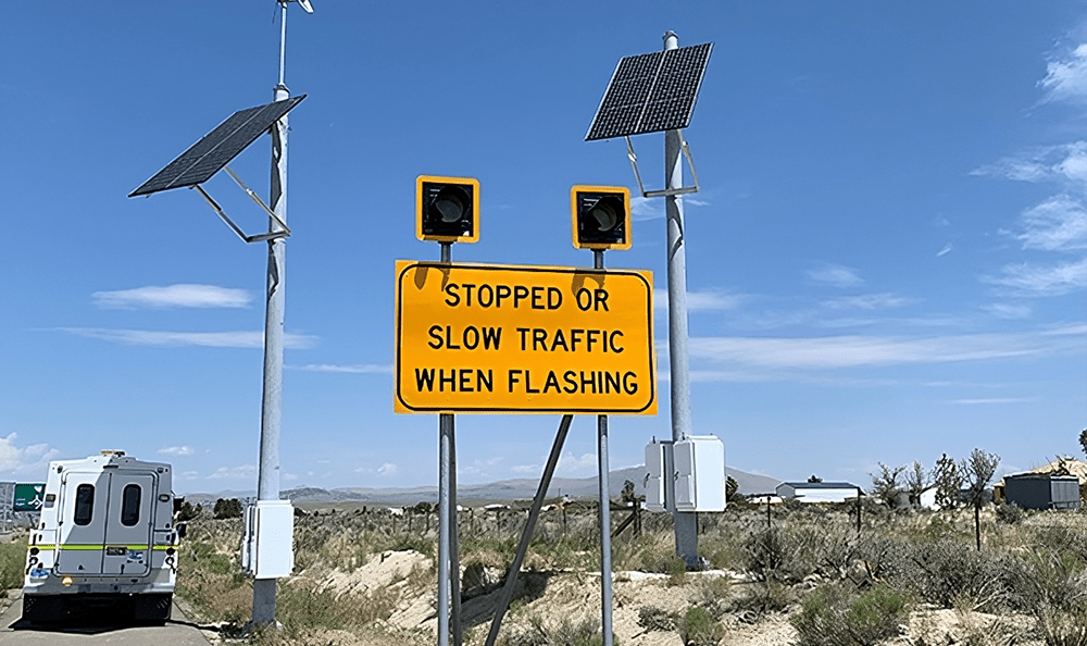 Solar powered slow traffic traffic sign in a remote location