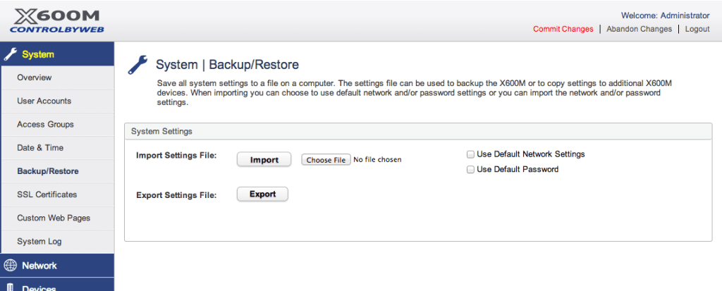 X-600M System Backup Restore Page