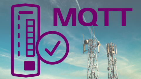 Illustration of a ControlByWeb PLC with a checkmark. The acronym 'MQTT' is next to the PLC. The background is a photograph of a blue skyline with the tops of two cell towers visible.