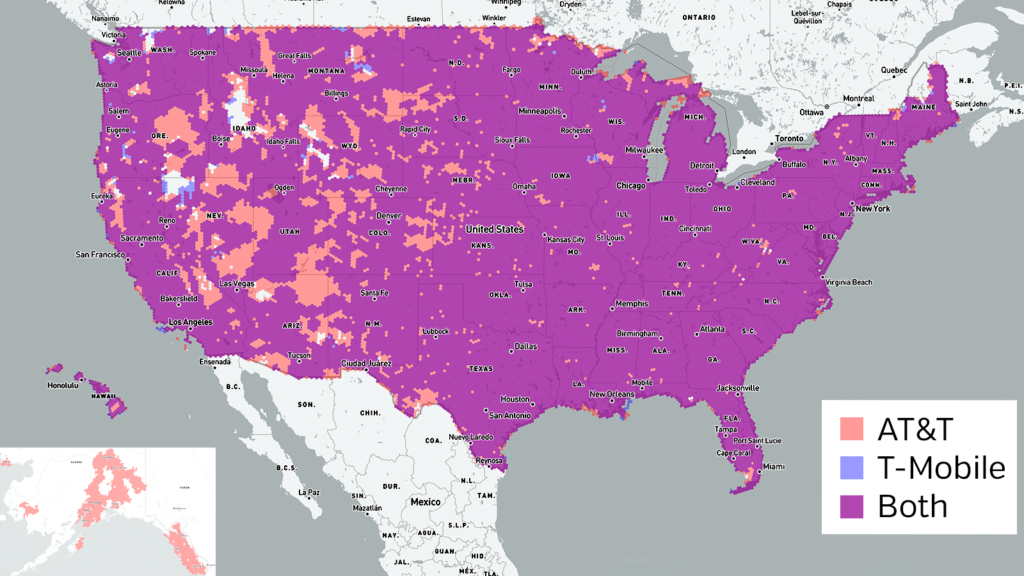 Combined coverage map of cell phone coverage for ControlByWeb cellular devices.