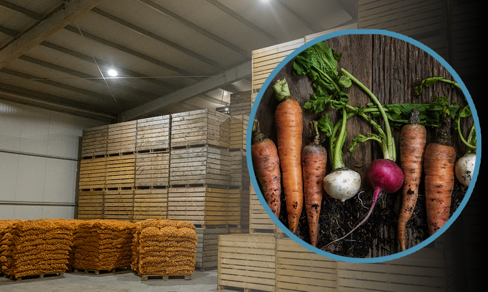 Photograph of a root vegetable storage facility. In the foreground is a circular designed photograph of root vegetables on a wooden table or surface.