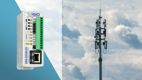 X-410-CW superimposed over a photograph of a cellular radio tower against a cloudy blue sky during the daytime.