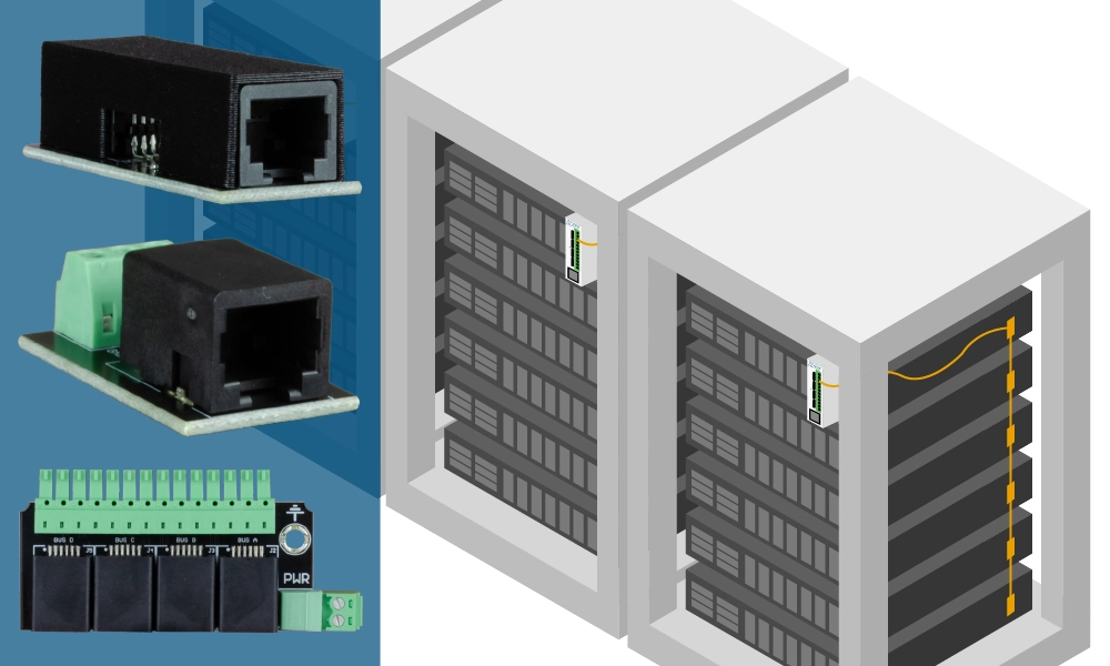 illustration of several server racks with temperature monitors daisy-chained to them. The ControlByWeb Quick-Connect Temperature Solution is superimposed over the illustration.