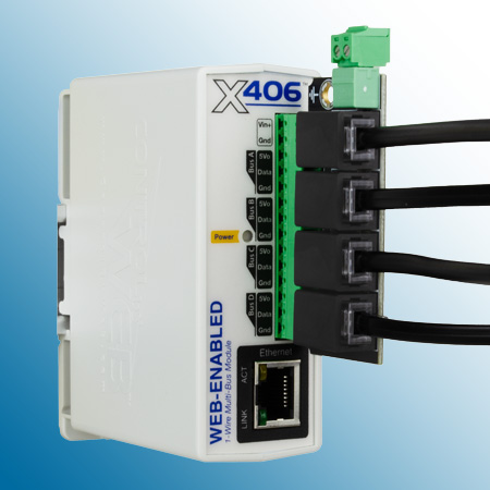 A photograph of the X-406 with the X-QCA-4 adapter and four protruding Quick-Connect Cables.
