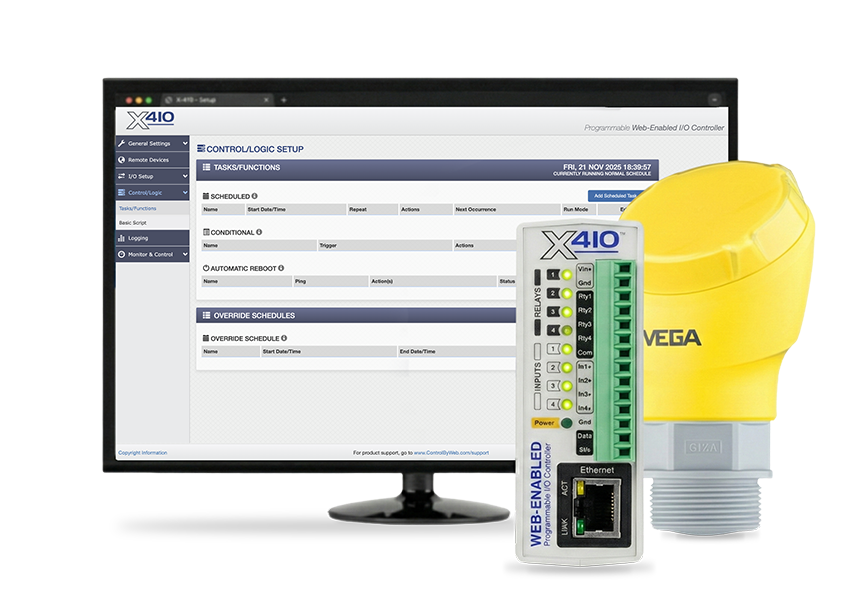 ControlByWeb X-410 with a Vega level monitoring sensor and a computer showing the X-410's embedded firmware for water/wastewater applications